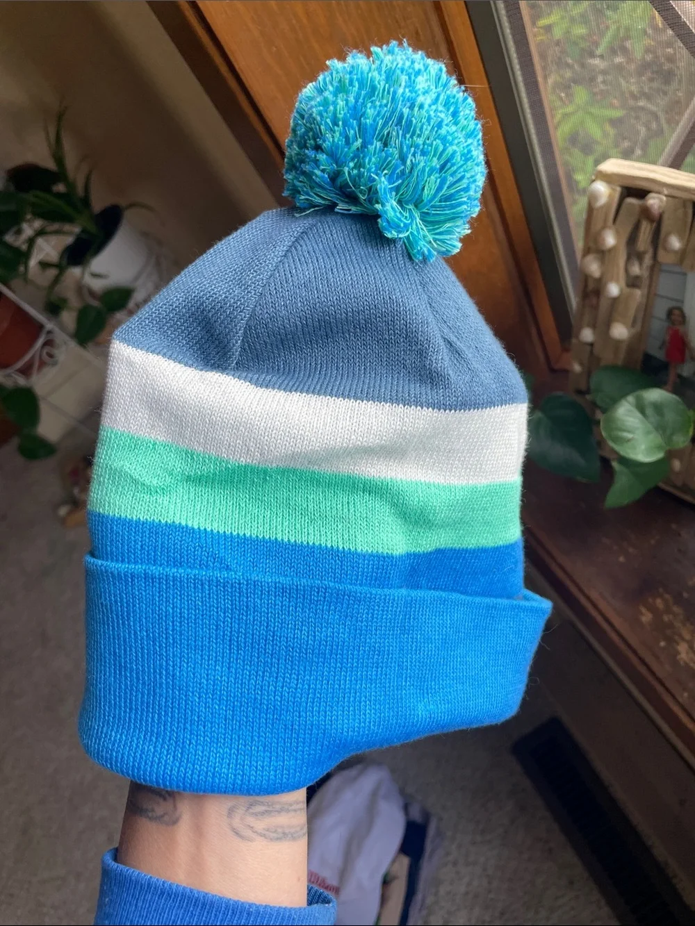 Patagonia Kids Navy, White, Mint & Blue Pom Winter Beanie Hat